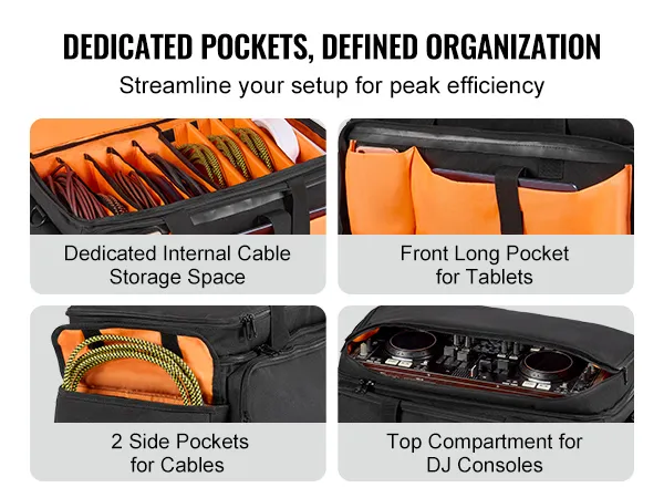VEVOR dj cable bag with internal cable storage, side pockets, tablet pocket, console compartment.