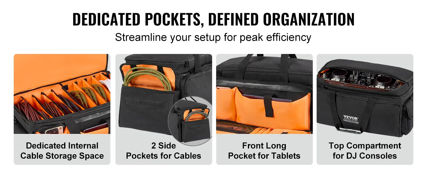 VEVOR dj cable bag with internal cable storage, side pockets, tablet pocket, console compartment.