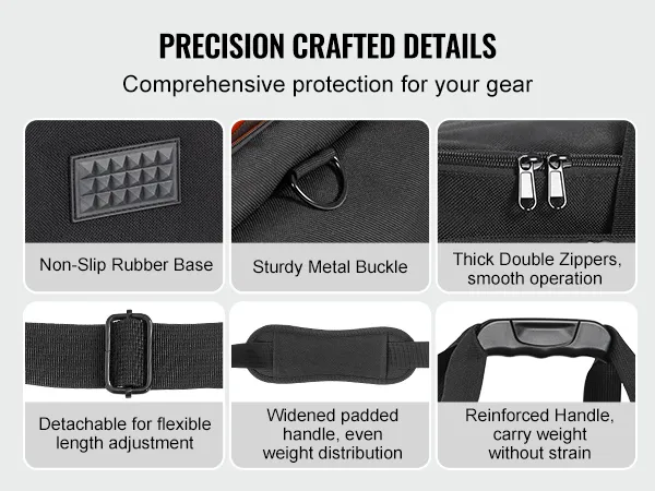 VEVOR dj cable bag showcasing non-slip rubber base, sturdy metal buckle, and thick double zippers.