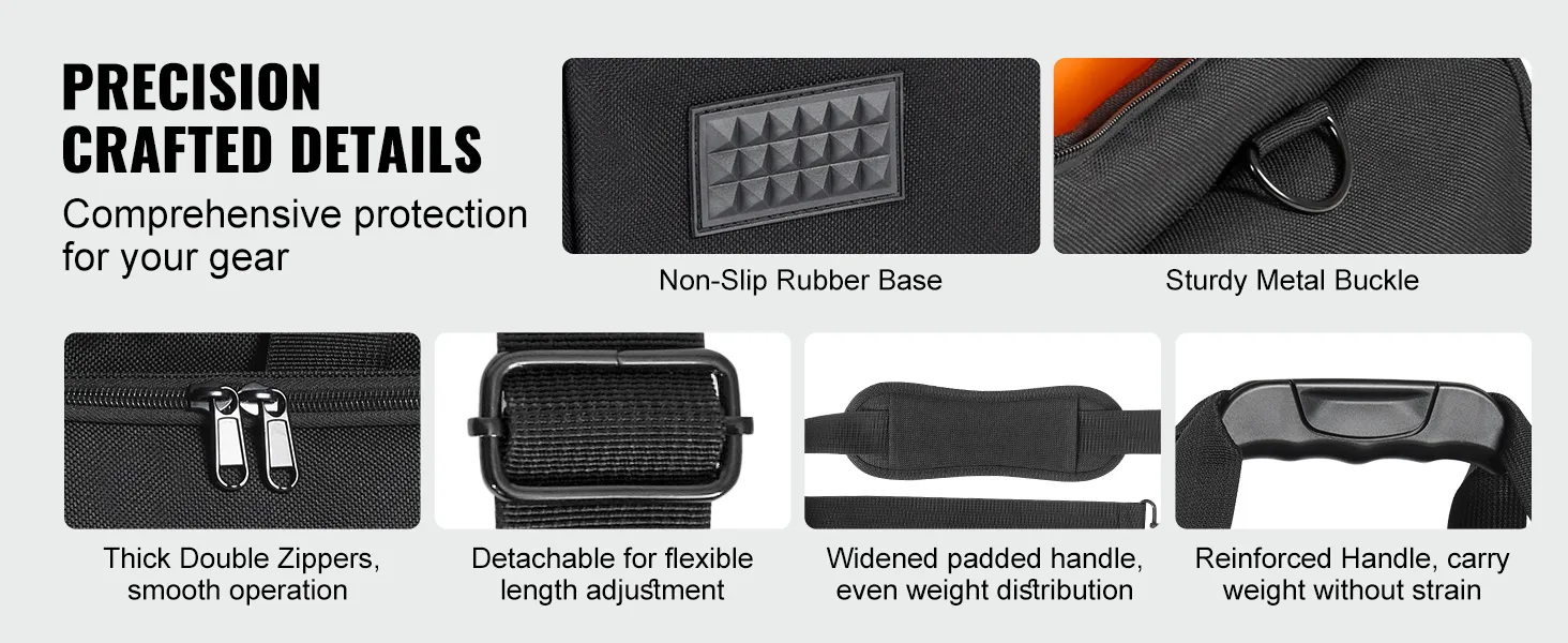 VEVOR dj cable bag showcasing non-slip rubber base, sturdy metal buckle, and thick double zippers.