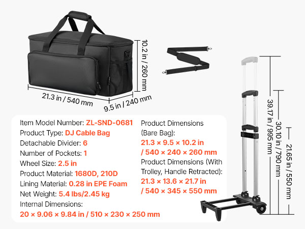 VEVOR DJ Cable Bag – 1680D, 6 Dividers, Wheels, 20×9.4×10.4
