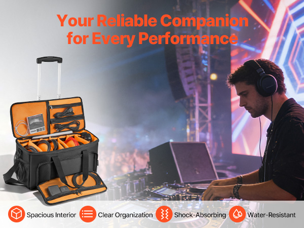 VEVOR DJ Cable Bag – 1680D, 6 Dividers, Wheels, 20×9.4×10.4