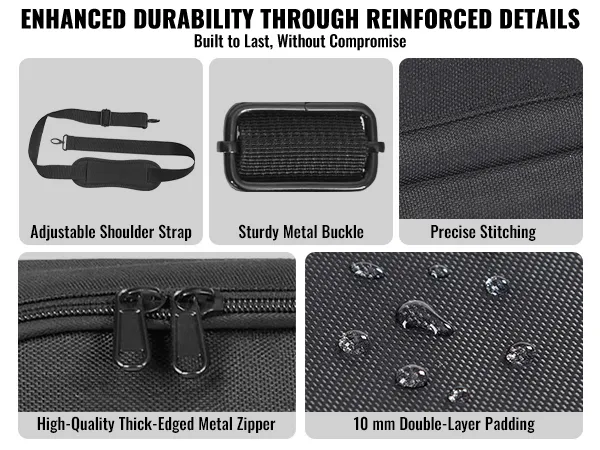 VEVOR dj mixer bag details: adjustable shoulder strap, sturdy metal buckle, thick metal zipper, precise stitching.