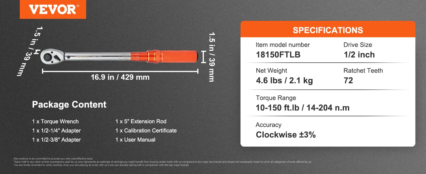 VEVOR torque wrench with a 1/2 inch drive size, 10-150 ft.lb range, and package contents list