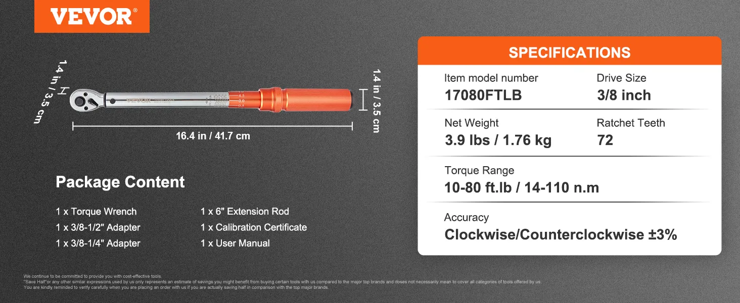 VEVOR torque wrench 17080ftlb, 3/8 inch drive, 16.4 in length, 72 teeth, 10-80 ft.lb range, ±3% accuracy.