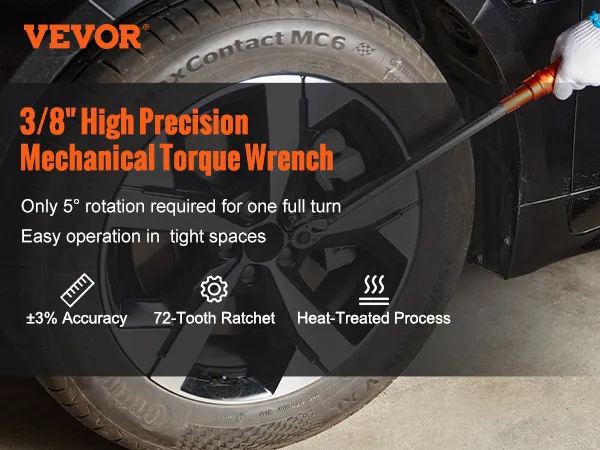 VEVOR torque wrench tightening a car wheel nut, showcasing accuracy and precision features.