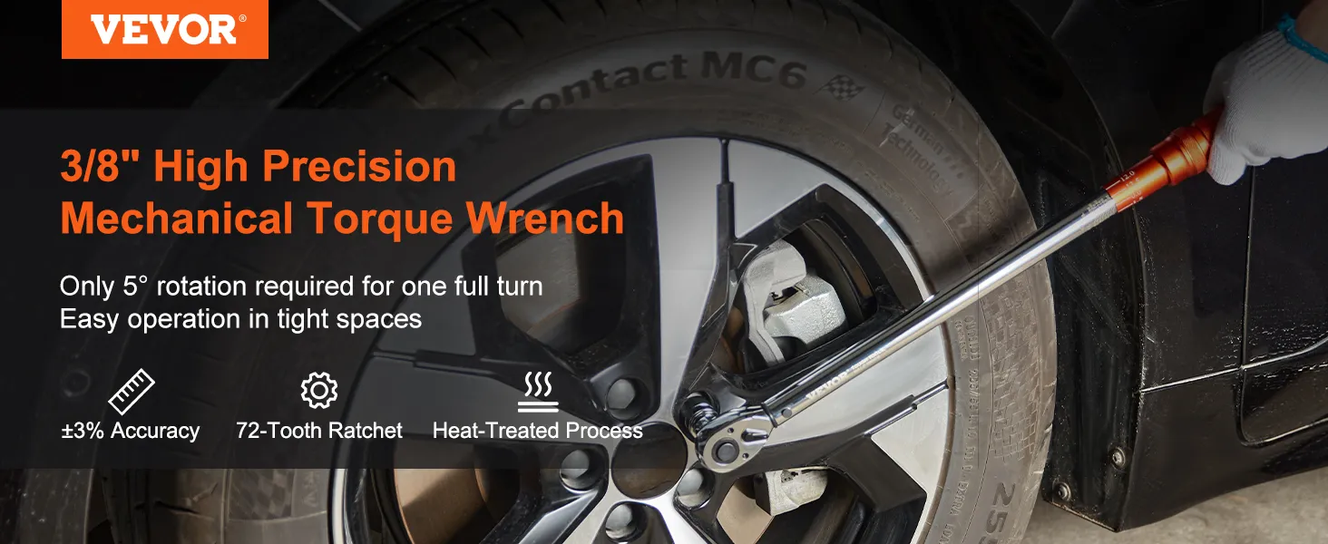 VEVOR torque wrench tightening a car wheel nut, showcasing accuracy and precision features.