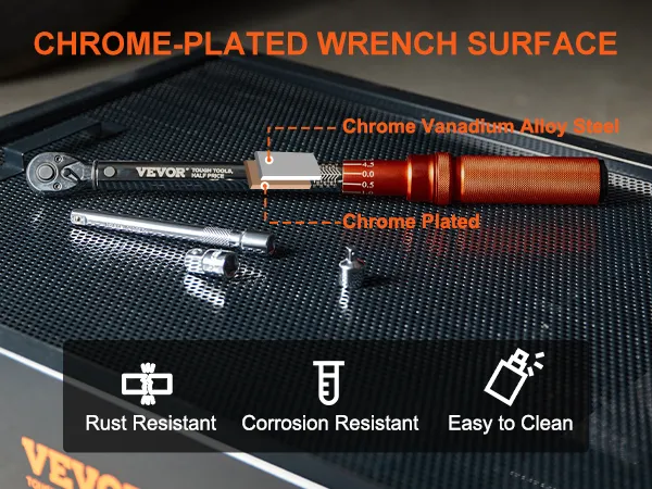 VEVOR torque wrench with chrome vanadium alloy steel and chrome-plated surface, rust and corrosion-resistant.