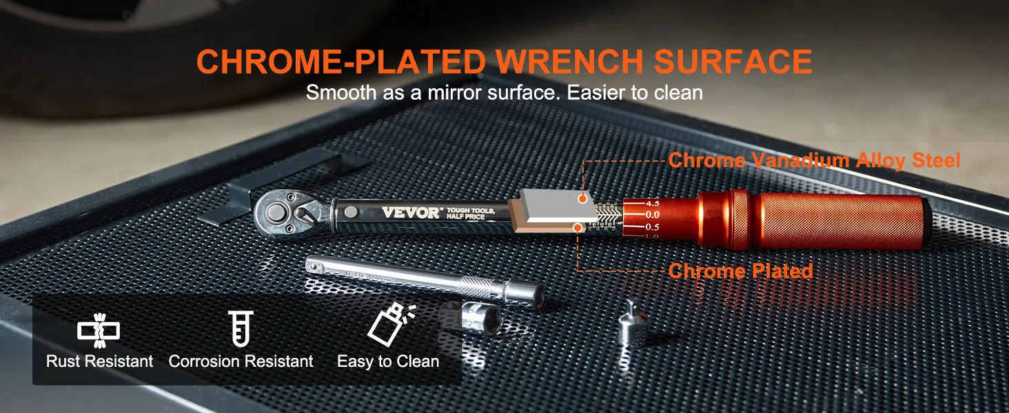 VEVOR torque wrench with chrome vanadium alloy steel and chrome-plated surface, rust and corrosion-resistant.