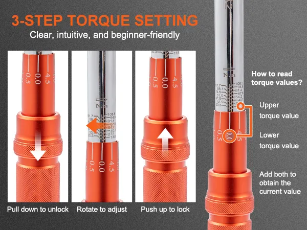 VEVOR torque wrench: 3-step torque setting with clear, intuitive instructions for beginners.