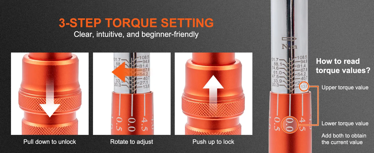 VEVOR torque wrench: 3-step torque setting with clear, intuitive instructions for beginners.