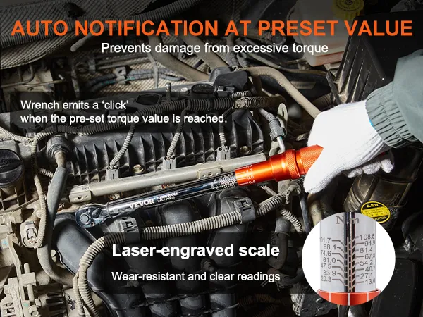 VEVOR torque wrench with auto notification, laser-engraved scale, and glove for precision and safety.