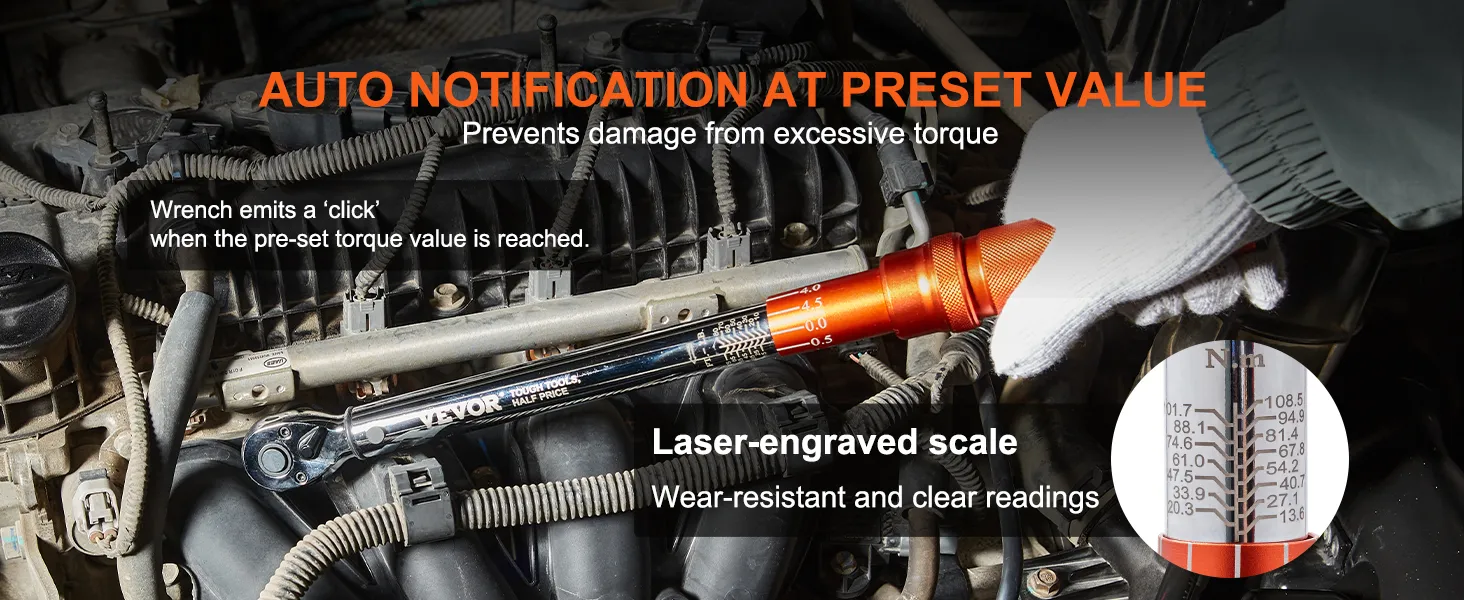 VEVOR torque wrench with auto notification, laser-engraved scale, and glove for precision and safety.