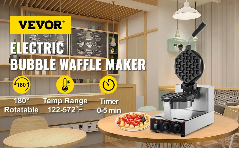 Máquina para hacer waffles eléctrica con burbujas VEVOR en una cocina moderna con rotación de 180°, rango de temperatura y temporizador.