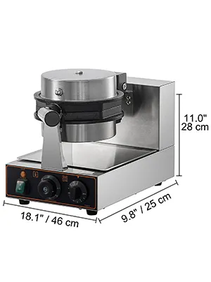 Máquina para hacer waffles de burbujas VEVOR con dimensiones 18,1"x9,8"x11" (46x25x28 cm), acabado en acero inoxidable.