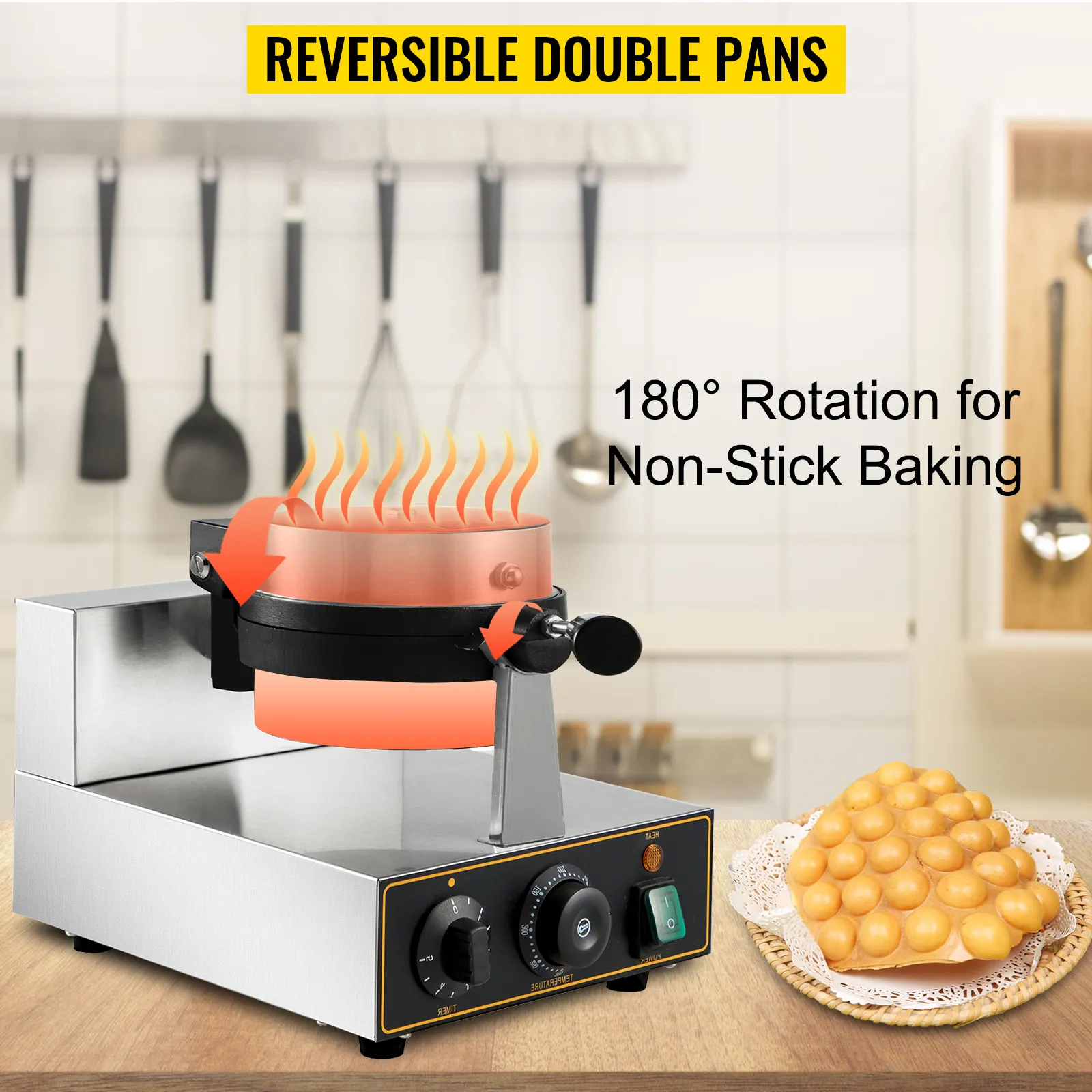Máquina para hacer waffles con burbujas VEVOR con bandejas dobles reversibles y rotación de 180° para hornear sin que se peguen.