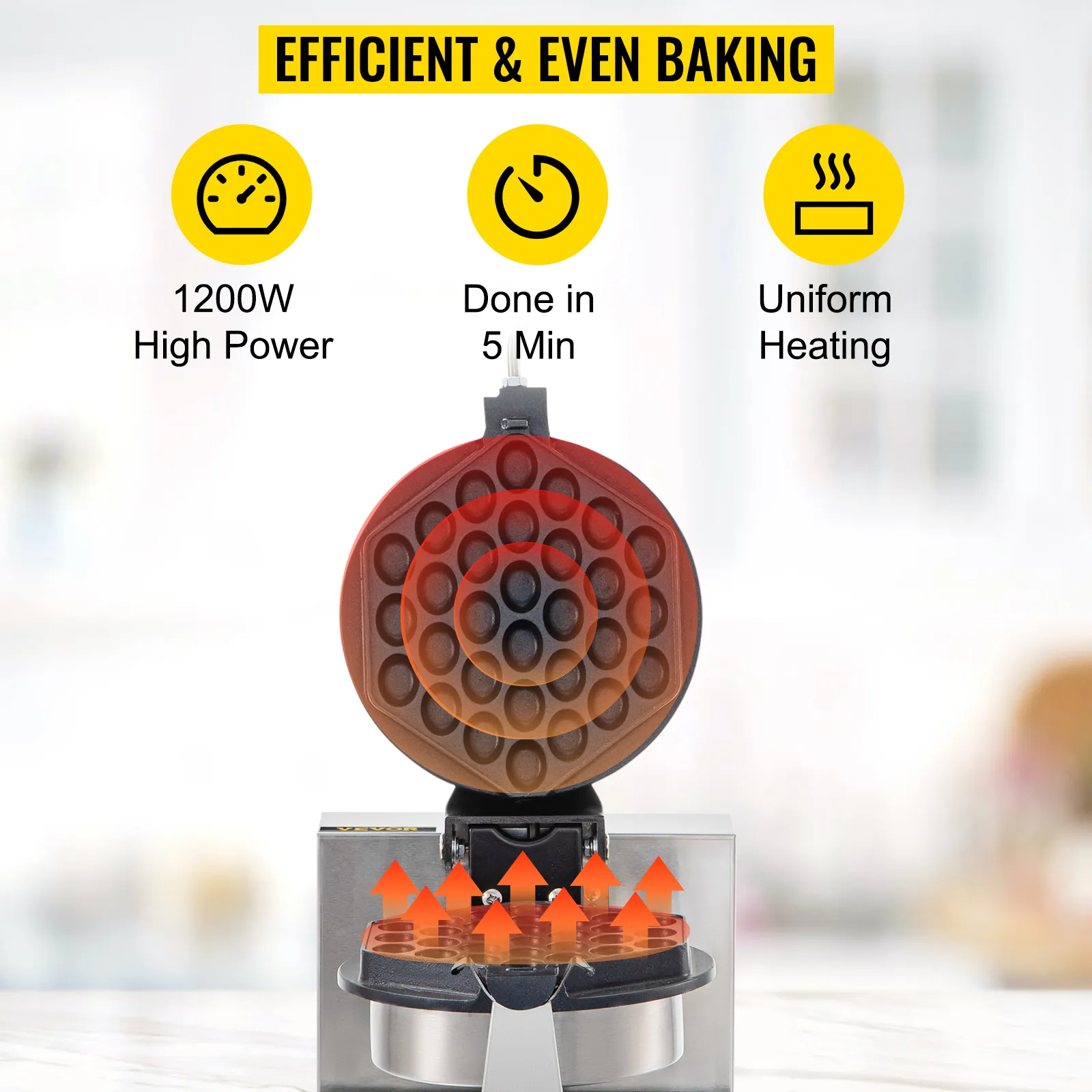 Máquina para hacer waffles de burbujas VEVOR con 1200 W de potencia, tiempo de cocción de 5 minutos y calentamiento uniforme. Eficiente y uniforme.