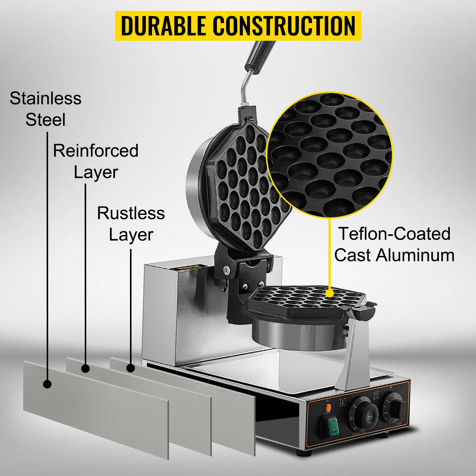 Máquina para hacer waffles con burbujas VEVOR con construcción duradera de acero inoxidable y aluminio fundido recubierto de teflón.