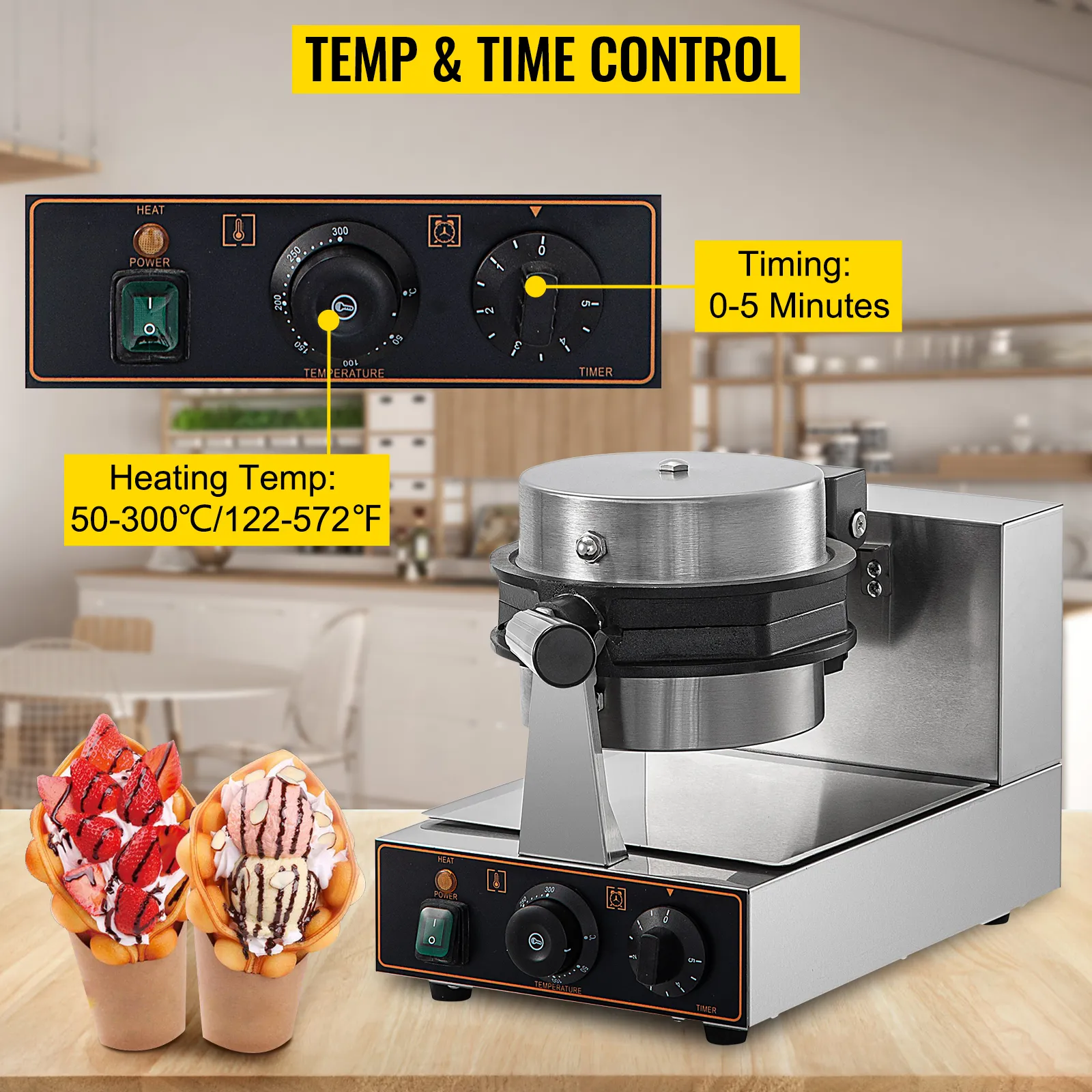 Máquina para hacer waffles de burbujas VEVOR con control de temperatura y tiempo, temperatura de calentamiento: 50-300 °C/122-572 °F.