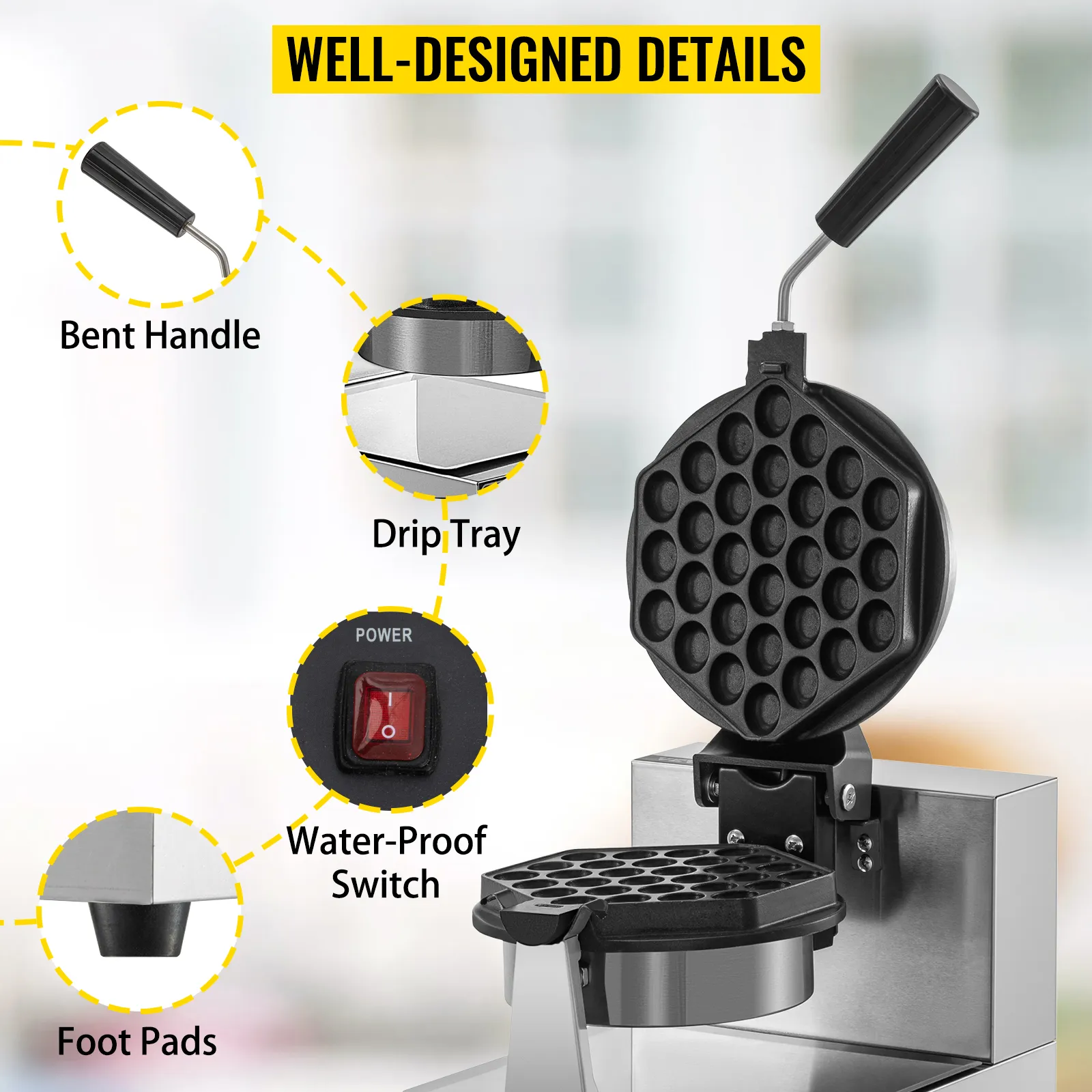 Máquina para hacer waffles con burbujas VEVOR con mango curvado, bandeja de goteo, almohadillas para los pies e interruptor a prueba de agua.