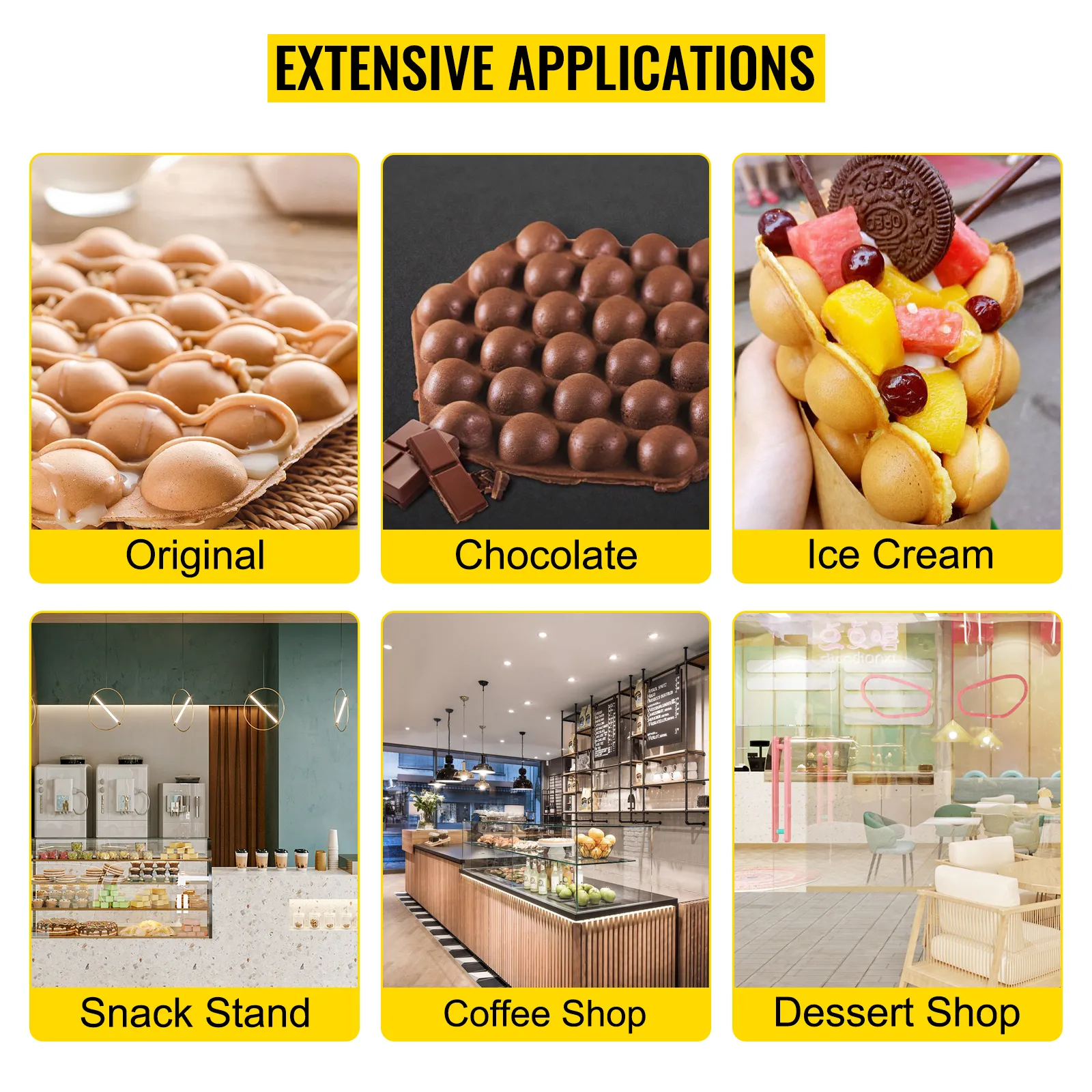 Amplias aplicaciones de la máquina para hacer waffles de burbujas VEVOR: original, chocolate, helados, puestos de aperitivos, cafeterías, postres.