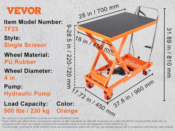 VEVOR hydraulic lift table tf23, orange, 500 lbs capacity, 45 kg, 37.8 x 18 in, single scissor design.