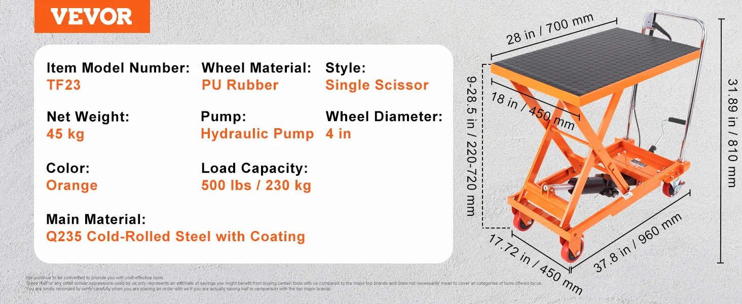 VEVOR hydraulic lift table tf23, orange, 500 lbs capacity, 45 kg, 37.8 x 18 in, single scissor design.