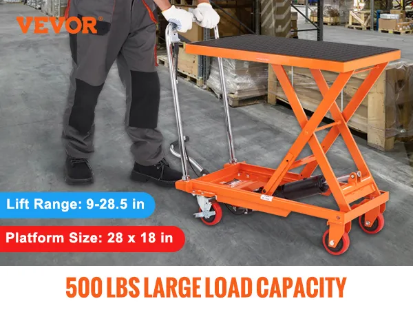 VEVOR hydraulic lift table with 500 lbs load capacity, lift range 9-28.5 in, powder-coated surface.