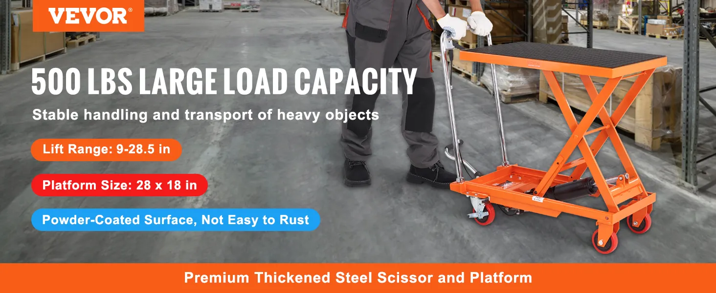 VEVOR hydraulic lift table with 500 lbs load capacity, lift range 9-28.5 in, powder-coated surface.