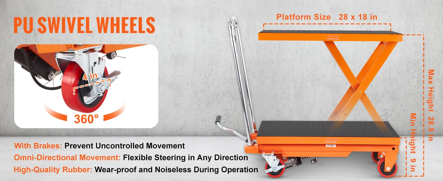 VEVOR hydraulic lift table with pu swivel wheels, platform size 28x18 in, lift range 9-28.5 in.