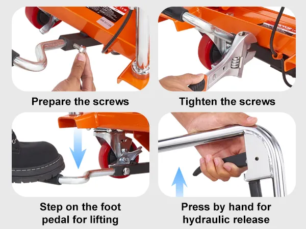 effortless installation steps for VEVOR hydraulic lift table: prepare and tighten screws, use foot pedal, release hydraulics.
