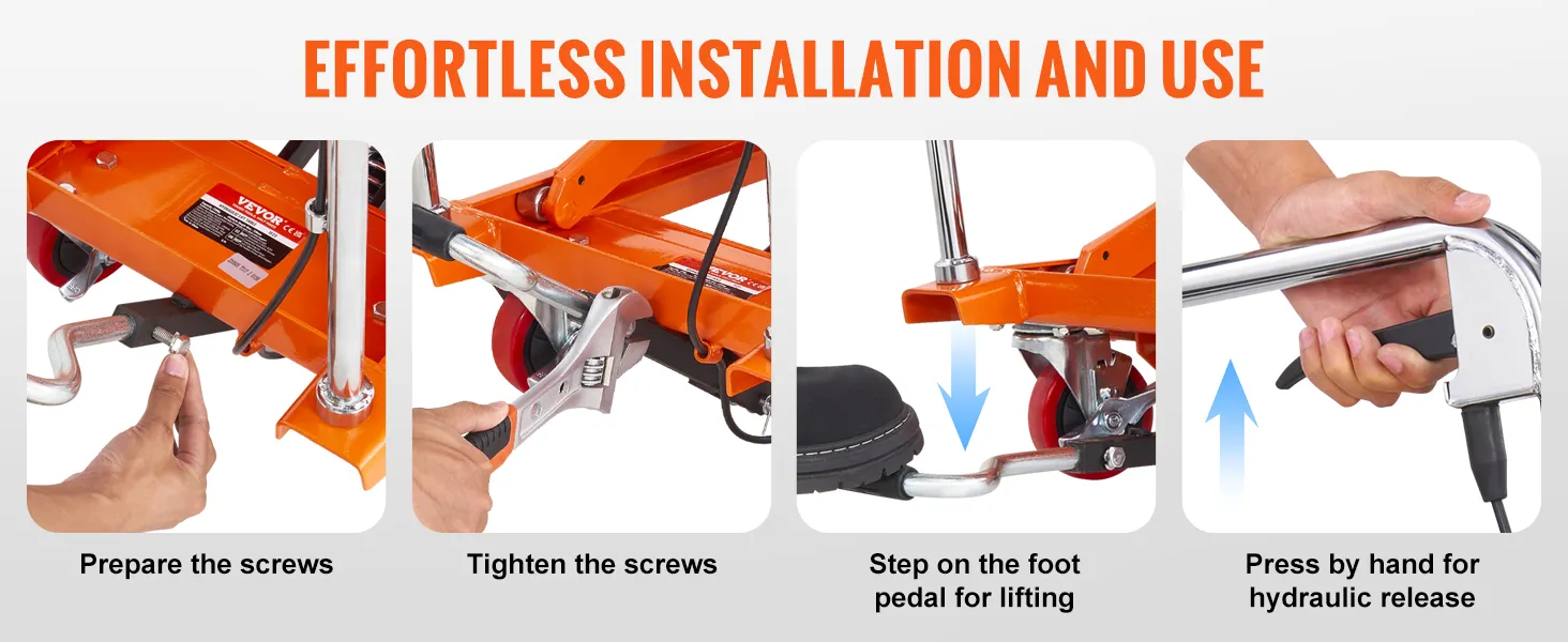 effortless installation steps for VEVOR hydraulic lift table: prepare and tighten screws, use foot pedal, release hydraulics.