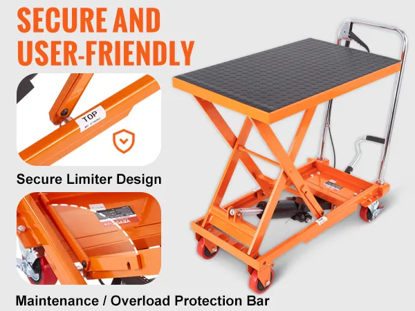 VEVOR hydraulic lift table with secure limiter design and overload protection bar, includes non-slip pad.