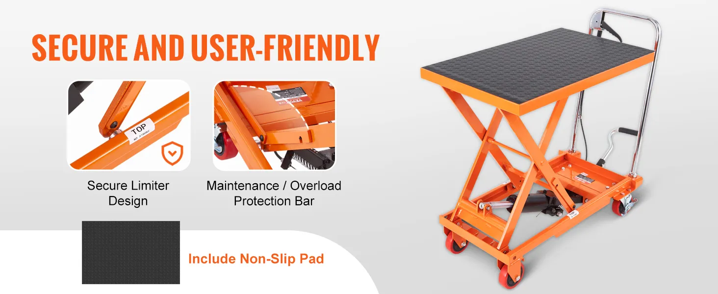 VEVOR hydraulic lift table with secure limiter design and overload protection bar, includes non-slip pad.