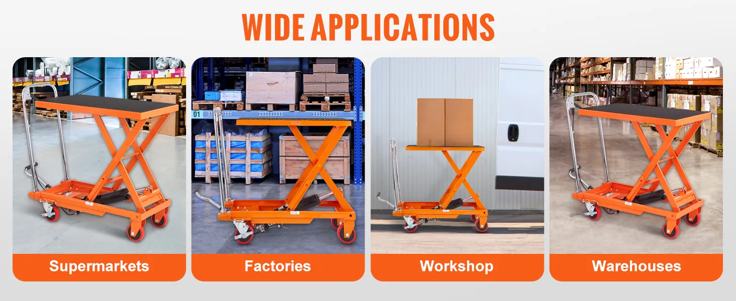 VEVOR hydraulic lift table in supermarkets, factories, workshops, and warehouses with wide applications.