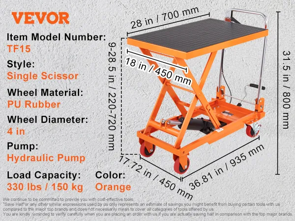 VEVOR hydraulischer Hubtisch tf15, Einzelschere, orange, PU-Gummiräder, 150 kg Tragfähigkeit.