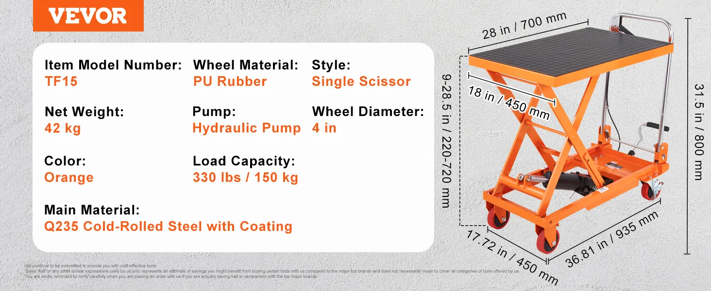 VEVOR hydraulischer Hubtisch tf15, Einzelschere, orange, PU-Gummiräder, 150 kg Tragfähigkeit.