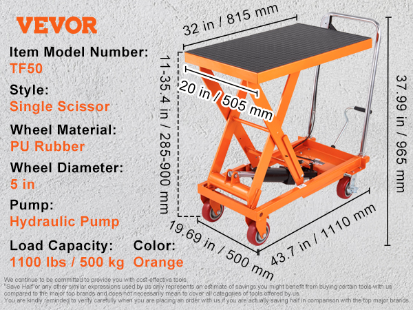 VEVOR Hydraulic Lift Table Cart, 1100lbs Capacity 35.4