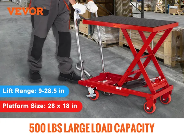 Tavolo elevatore idraulico VEVOR con capacità di 500 libbre, intervallo di sollevamento da 9 a 28,5 pollici e dimensioni della piattaforma 28 x 18 pollici.