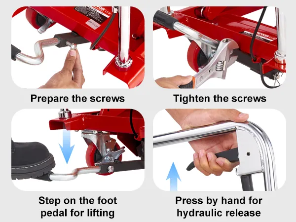passaggi per utilizzare il tavolo elevatore idraulico VEVOR: preparare le viti, stringere le viti, sollevamento tramite pedale, rilascio idraulico manuale.
