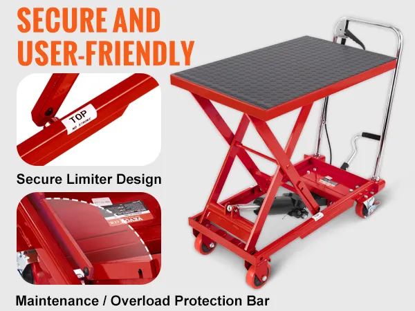 Tavolo elevatore idraulico VEVOR con design di limitazione di sicurezza, barra di protezione da sovraccarico e cuscinetto antiscivolo.