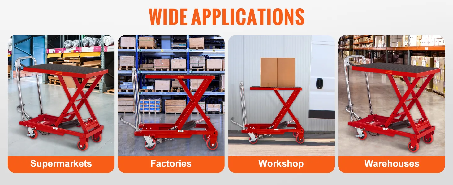 Il tavolo elevatore idraulico VEVOR è utilizzato in supermercati, fabbriche, officine e magazzini per un'ampia gamma di applicazioni.