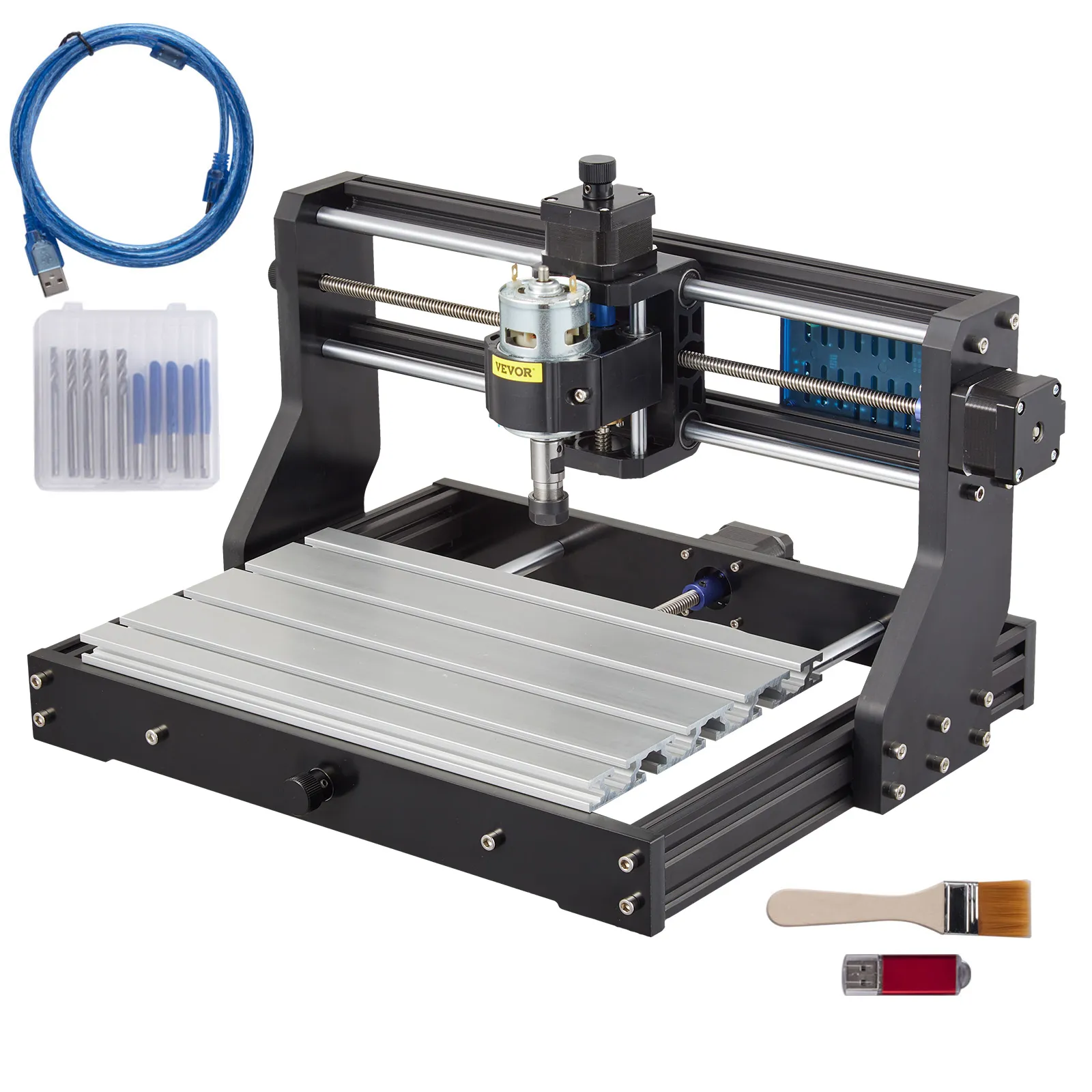 VEVOR cnc-freesmachine met USB-kabel, freesbits, borstel en bedieningskast.