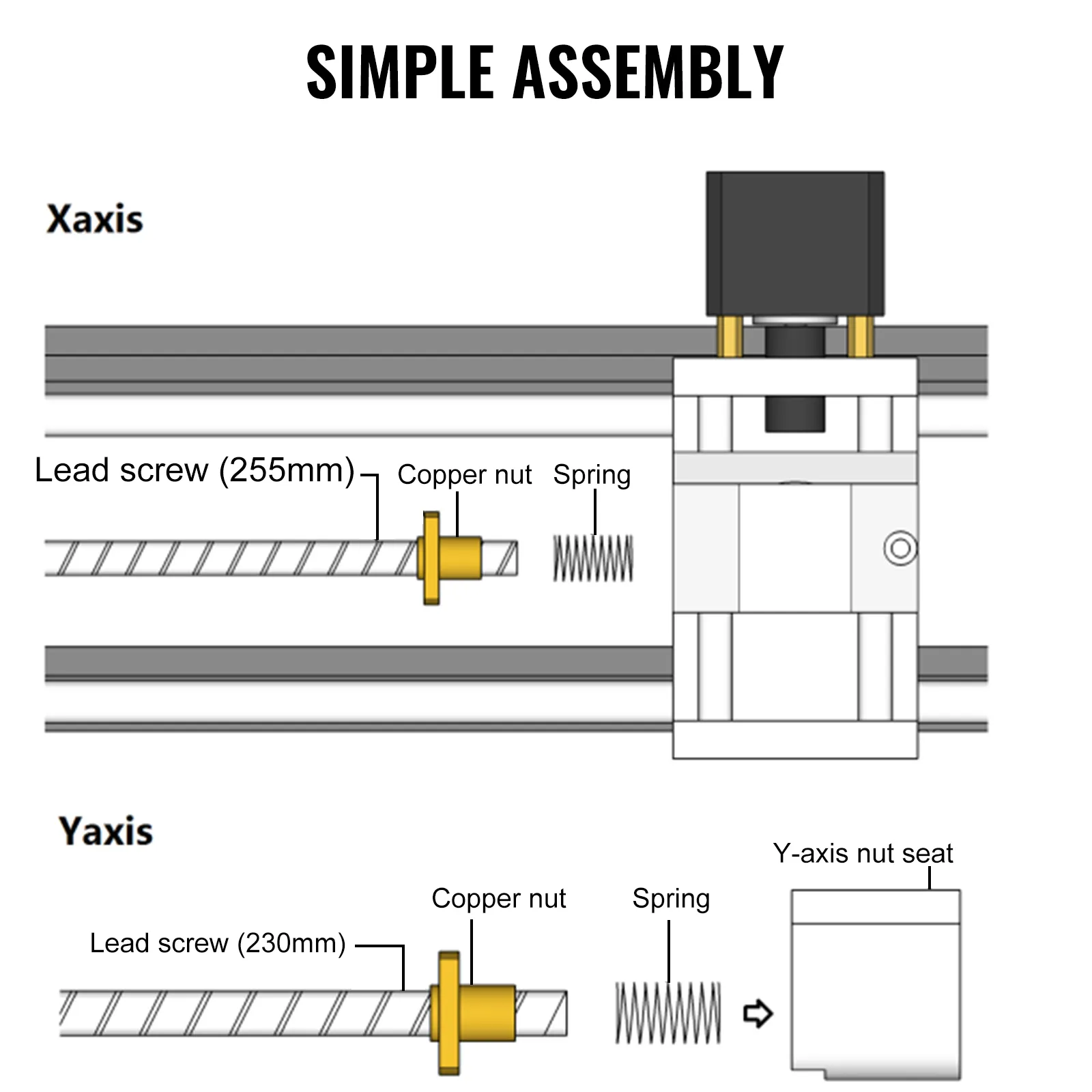 VEVOR cnc 3018 engraver kit simple assembly diagram with labeled x-axis and y-axis components.