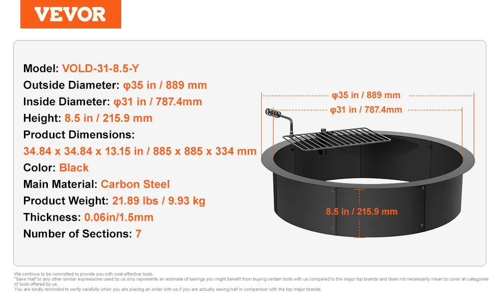 VEVOR fire pit ring, black carbon steel, 35" outside diameter, 8.5" height, and 7 sections.