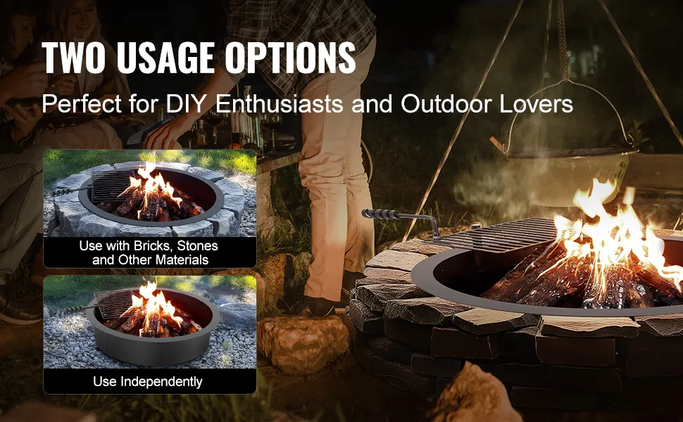 VEVOR fire pit ring with two usage options for diy enthusiasts and outdoor lovers around a fire.