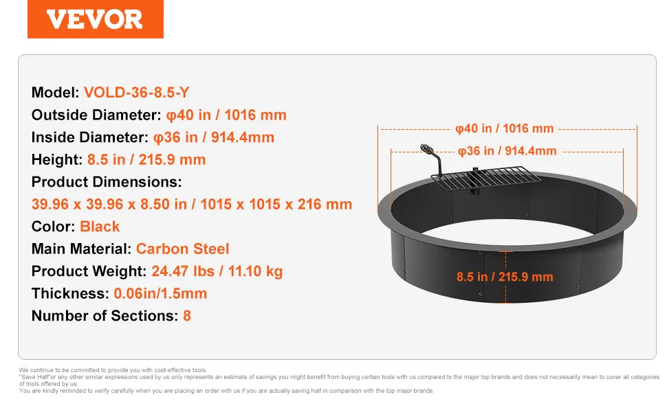 VEVOR fire pit ring, model vold-36-8.5-y, carbon steel, 40 in diameter, black, 8 sections, 8.5 in height.