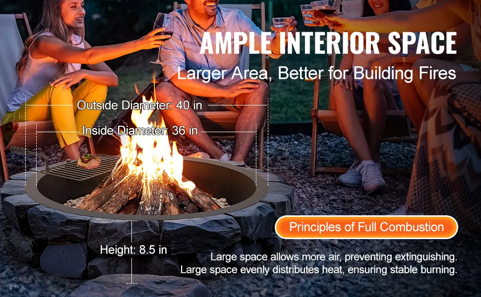 VEVOR fire pit ring with a 40in outside diameter and 36in inside diameter, perfect for gatherings.