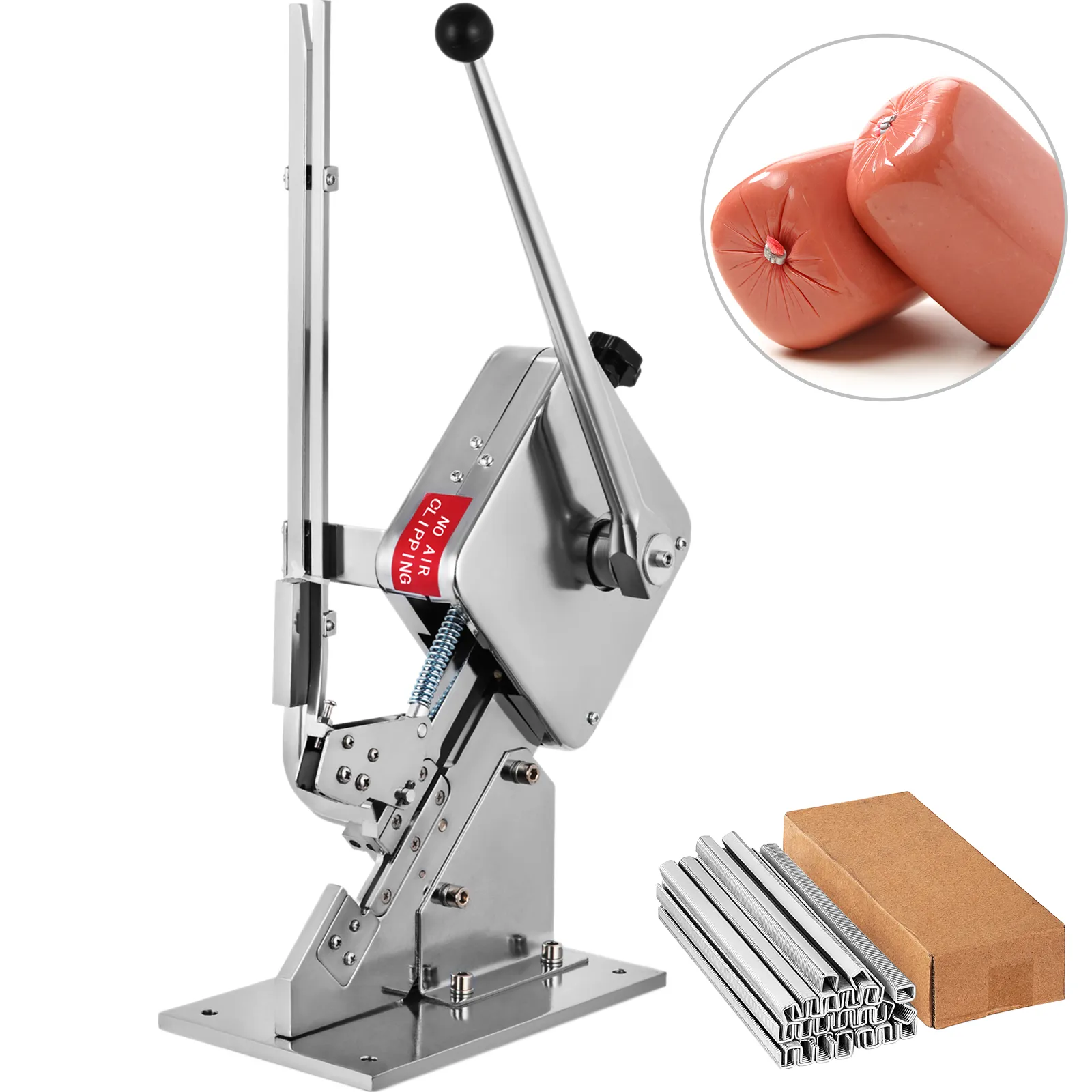 VEVOR sausage clipper machine with metal frame, lever, and sausage casings.