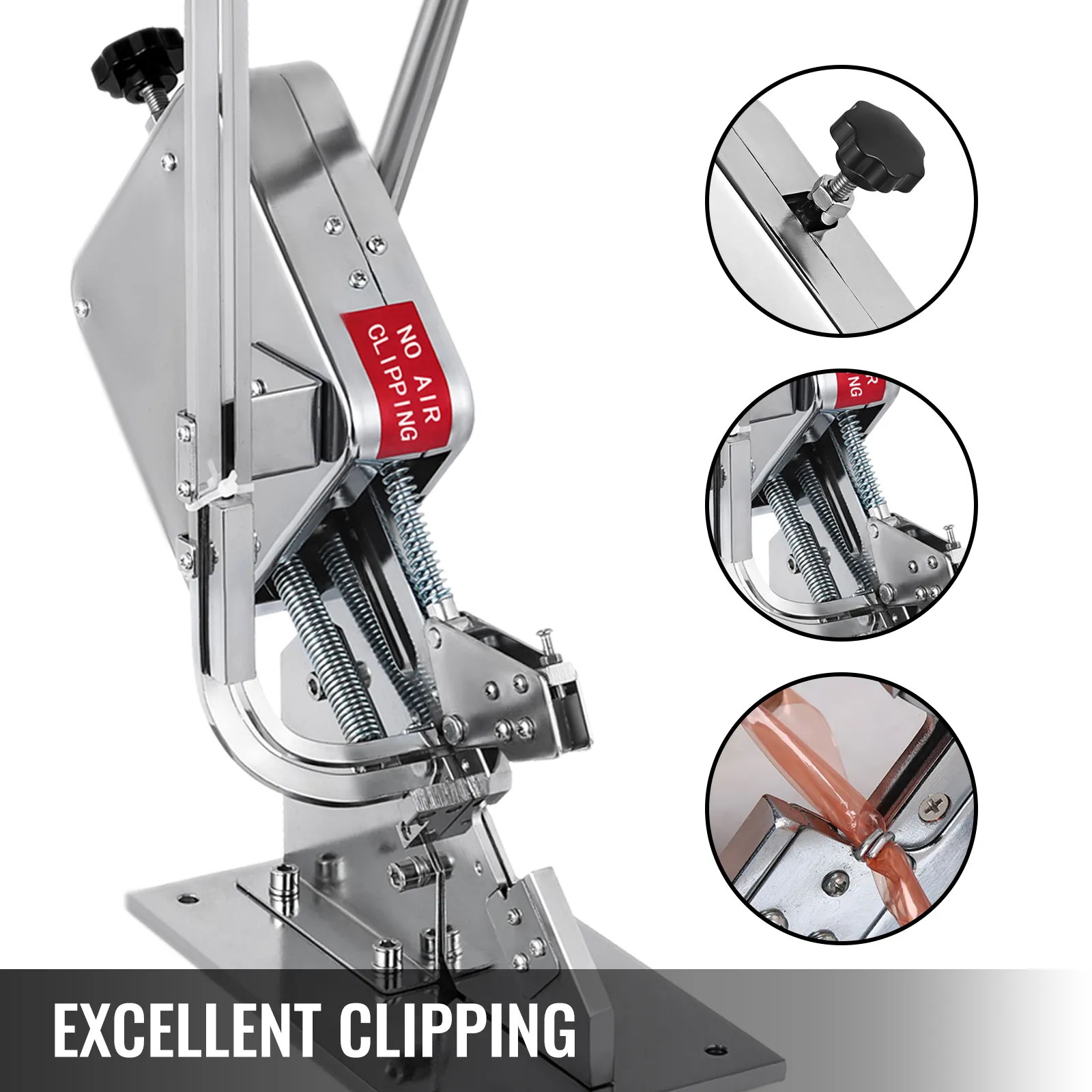 VEVOR sausage clipper machine with close-up details and "no air clipping" label.